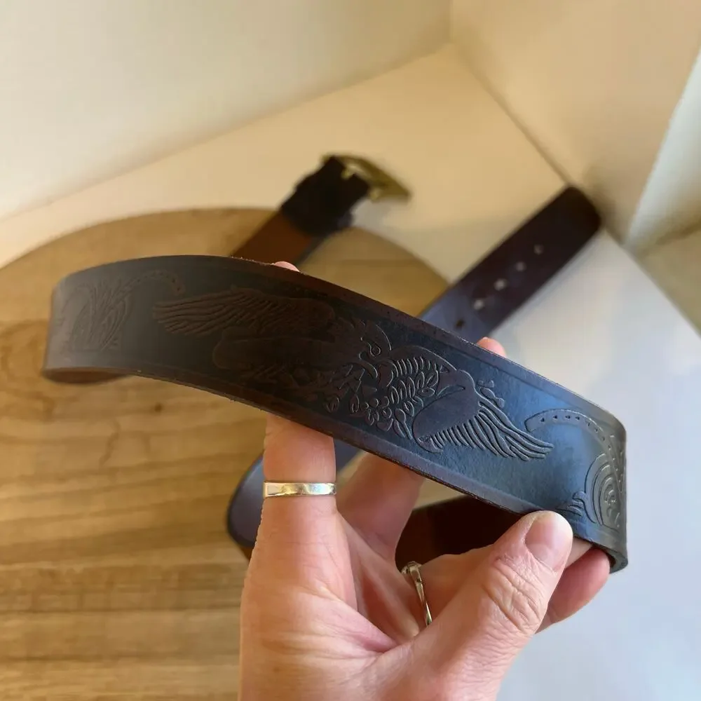 Wrangler Brown Genuine Leather Eagle Tooled Western Belt Unisex Size Large